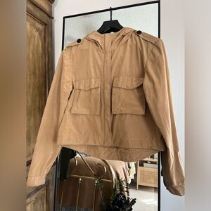 Organic by John Patrick Pocket Hoodie Cropped Jacket Nylon Tan Khaki